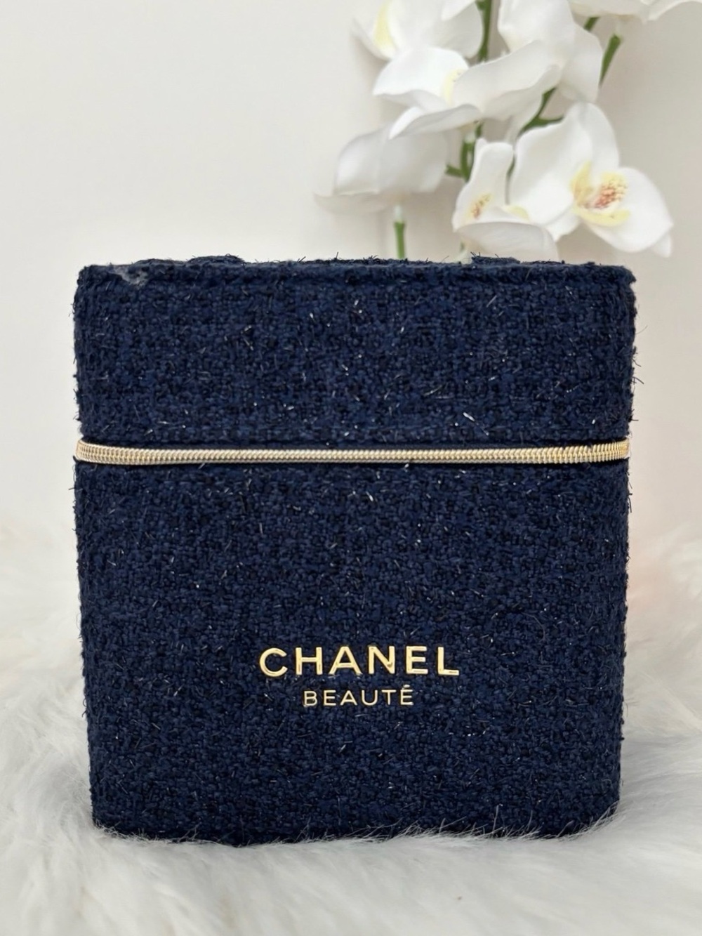 CHANEL Navy Tweed Cosmetic Case with Gold Accent GWP